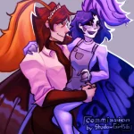 Digital painting of two moth characters. A purple moth girl is being carried by a red moth girl.