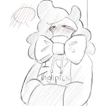 Sketch of a character looking up at the series and blushing.
