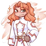 Cute, chibi sketch of a redhead woman. She is wearing a white swordfighting outfit. She has a rapier at her waist.